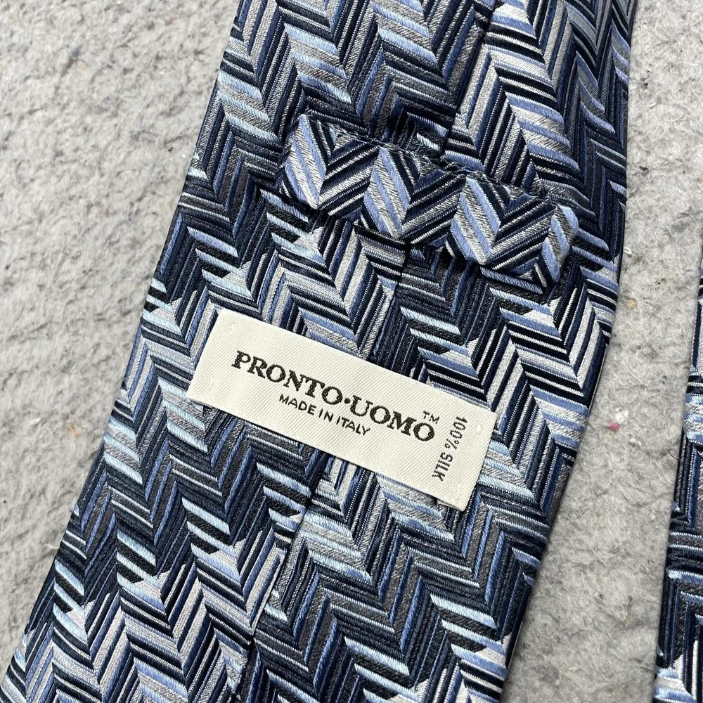 Pronto Uomo Tie Mens One Size Blue Herringbone Classic Woven Silk Necktie Italy